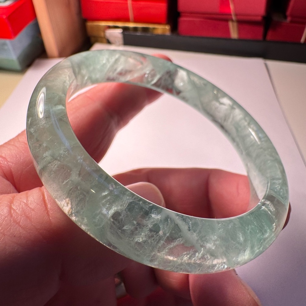 Translucent Light Green Stone Bangle Bracelet - W… - image 1